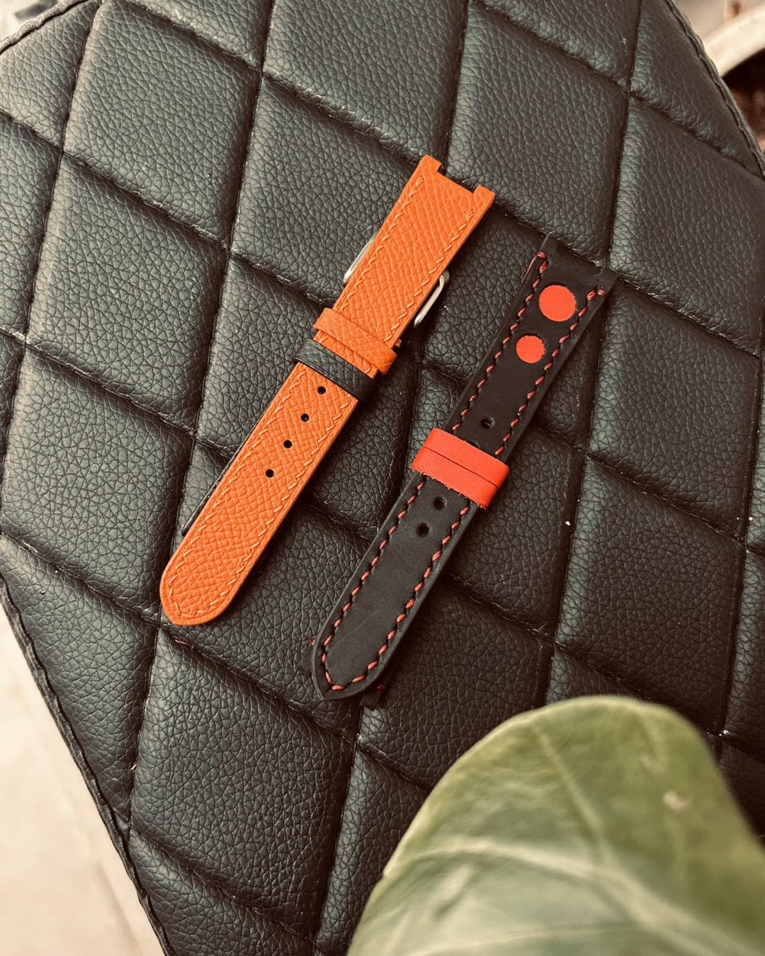Handmade Orange Black Leather Watch Strap