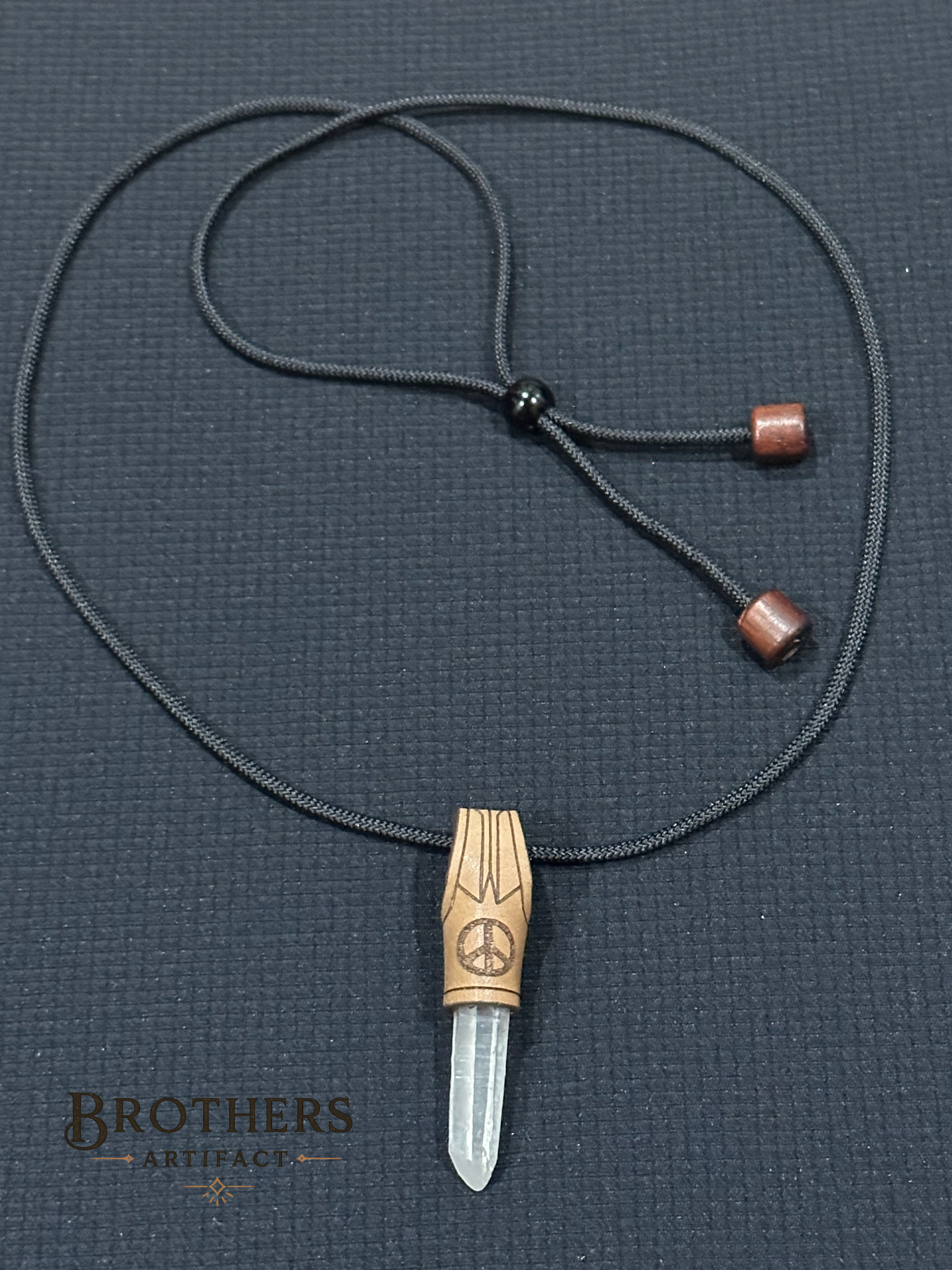 Peace Necklace, Clear Quartz Crystal Pendant, Healing Jewelry, Boho Leather Necklace