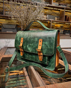 Vintage Green Leather Satchel – Handmade Two Tone Cowhide Messenger Bag