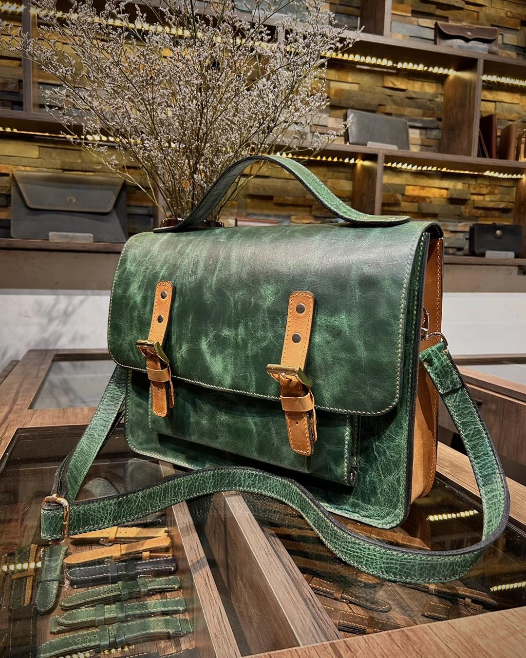 Vintage Green Leather Satchel – Handmade Two Tone Cowhide Messenger Bag