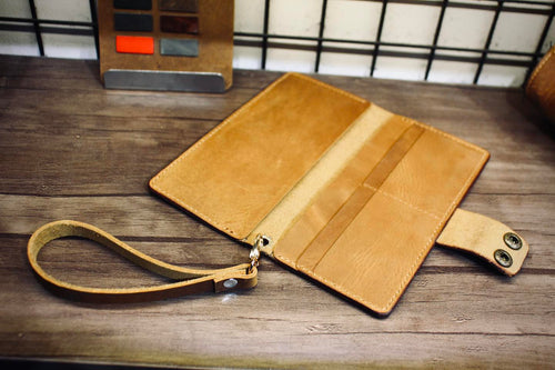 Custom Name Engraved Leather Men Wallet – Personalized Cowhide Clutch with Wrist Strap