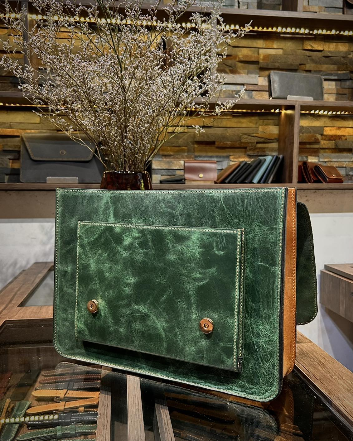 Vintage Green Leather Satchel – Handmade Two Tone Cowhide Messenger Bag