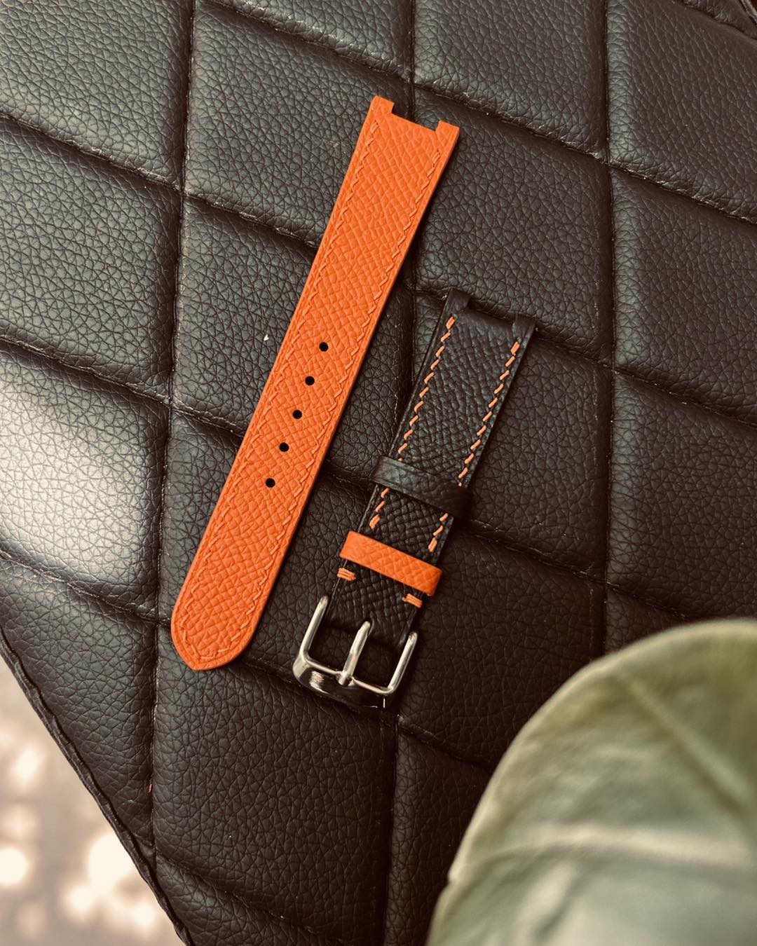 Handmade Orange Black Leather Watch Strap
