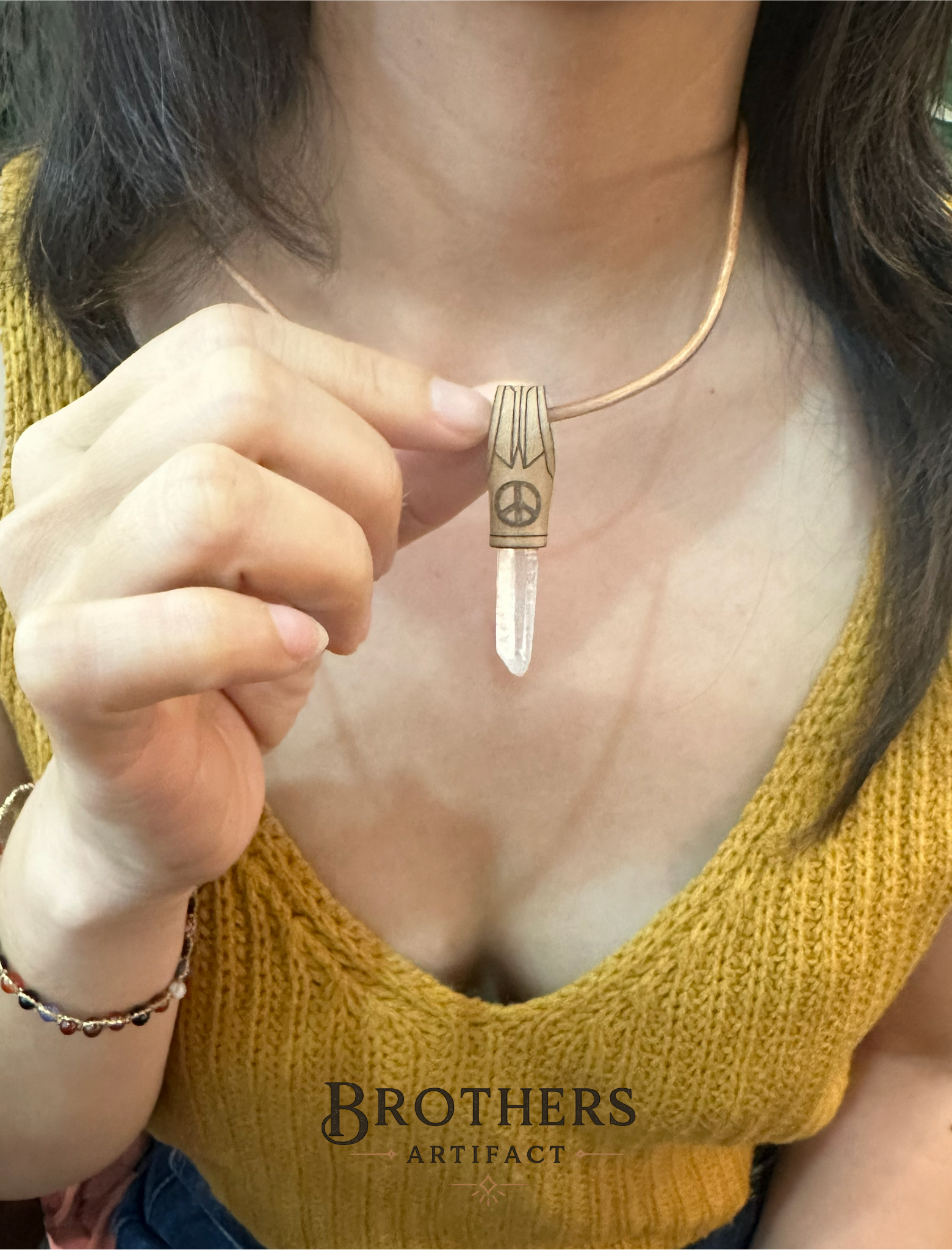 Peace Necklace, Clear Quartz Crystal Pendant, Healing Jewelry, Boho Leather Necklace