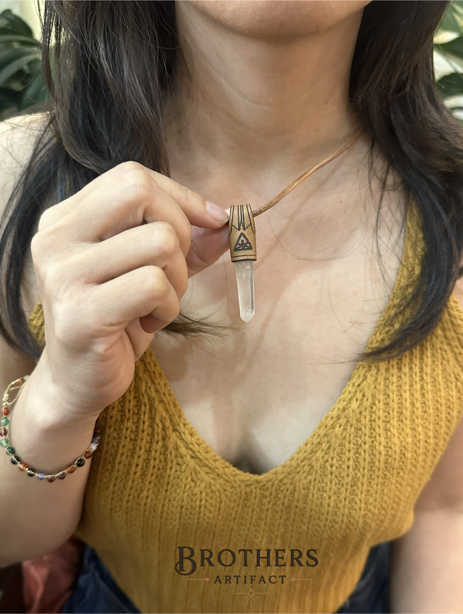 Clear Quartz Crystal Necklace, Handmade Leather Cord Pendant, Boho Minimalist Jewelry, Healing Crystal