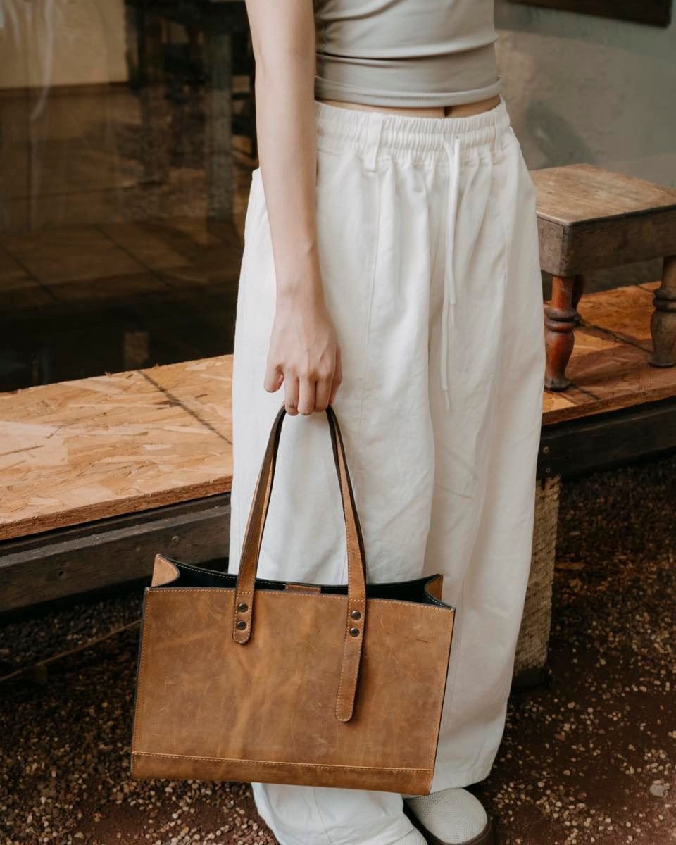 Vintage Leather Tote Bag – Handmade Genuine Cowhide Shoulder Bag