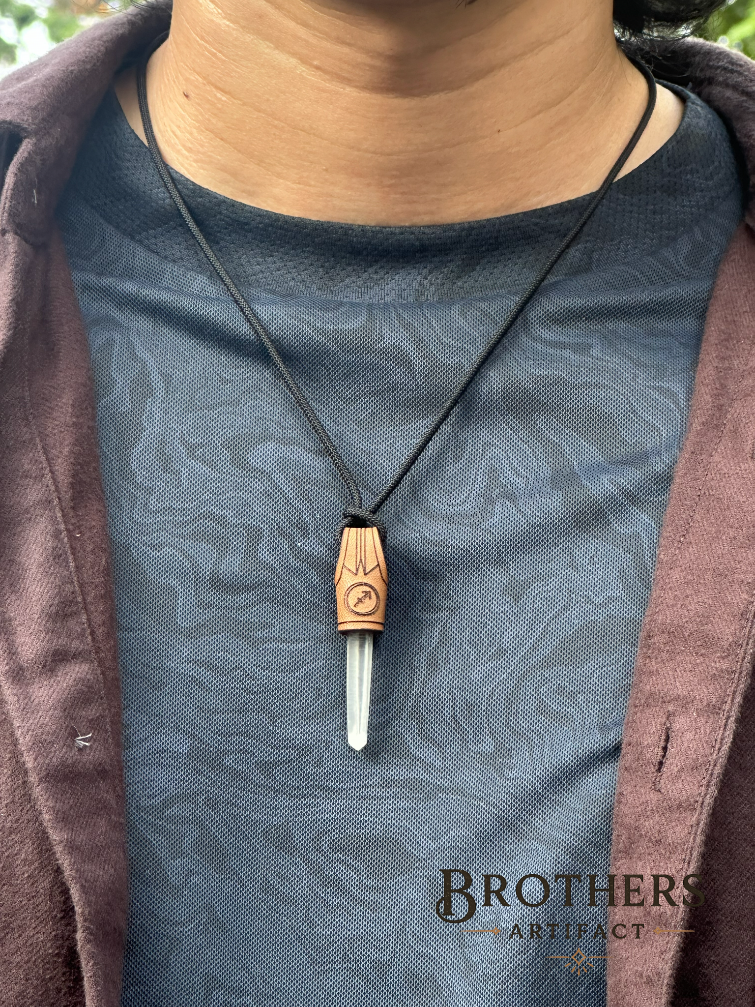 Sagittarius Zodiac Necklace, Clear Quartz Crystal Pendant, Leather Cord Astrology Jewelry