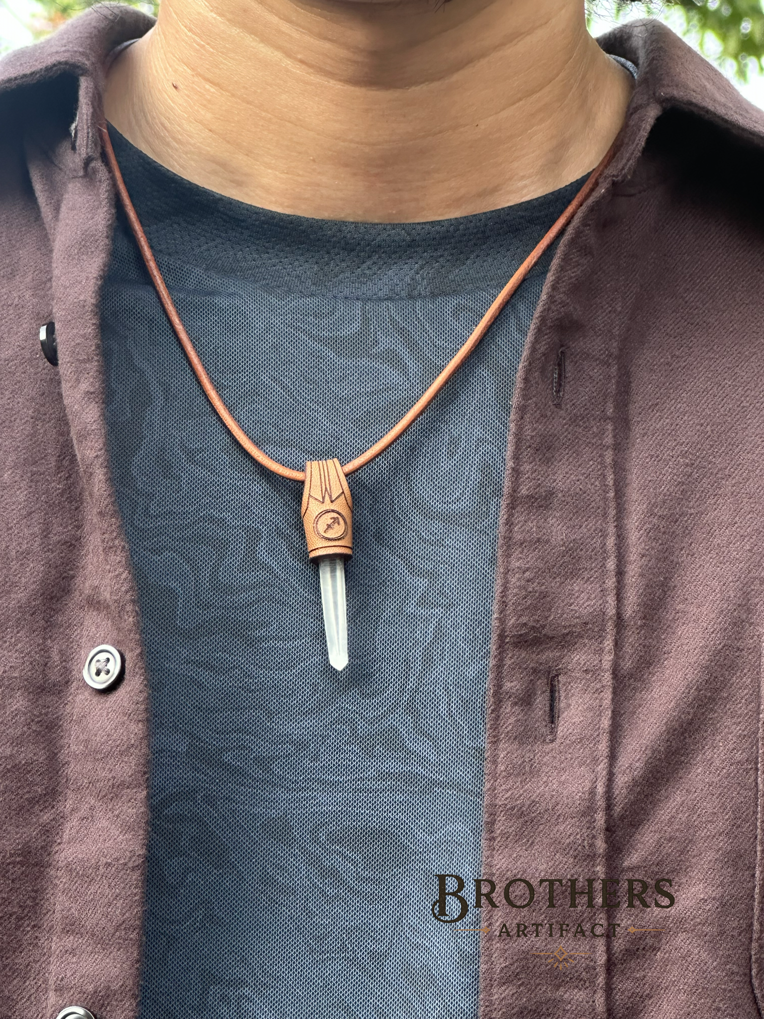 Sagittarius Zodiac Necklace, Clear Quartz Crystal Pendant, Leather Cord Astrology Jewelry