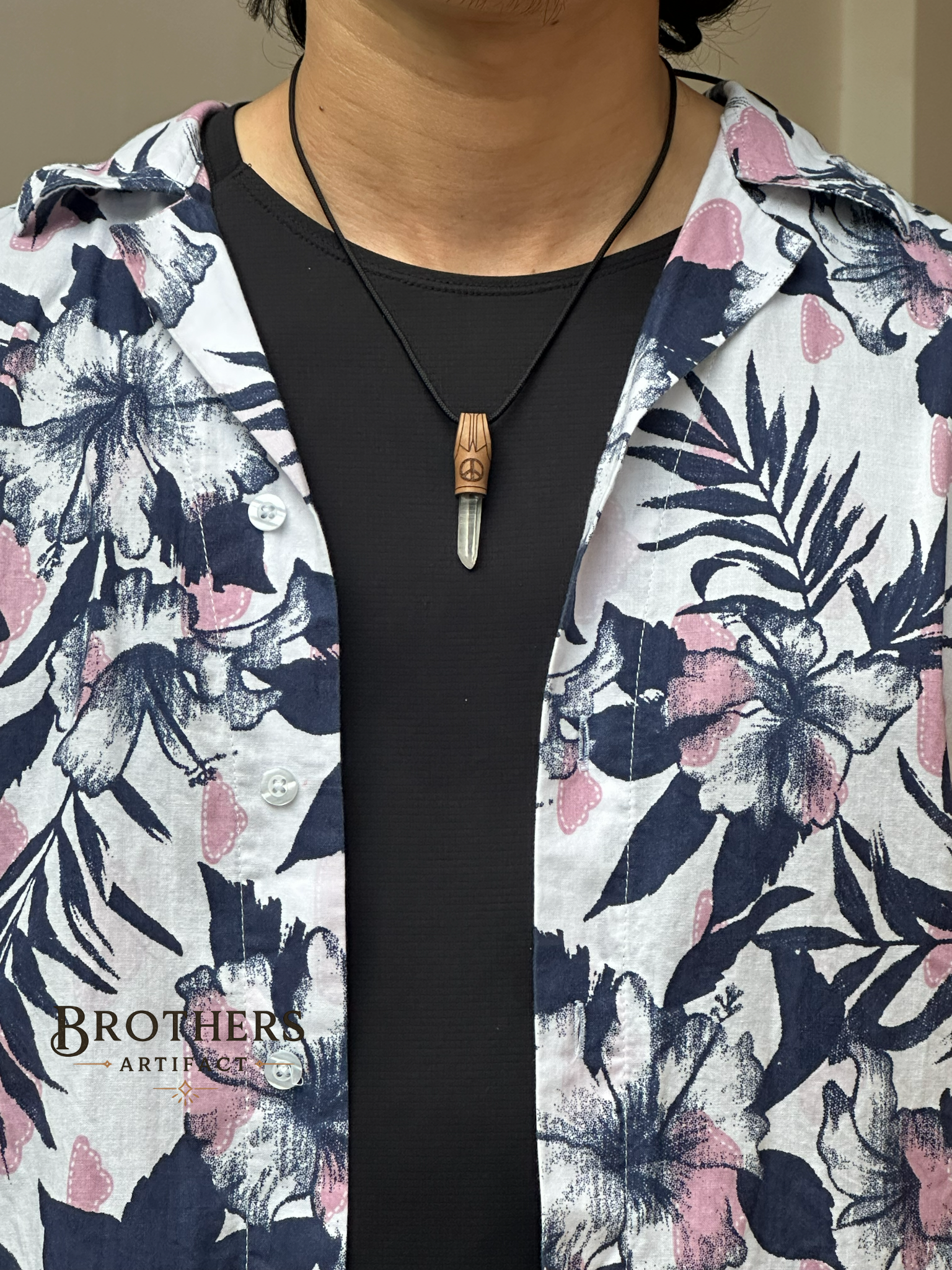 Peace Necklace, Clear Quartz Crystal Pendant, Healing Jewelry, Boho Leather Necklace
