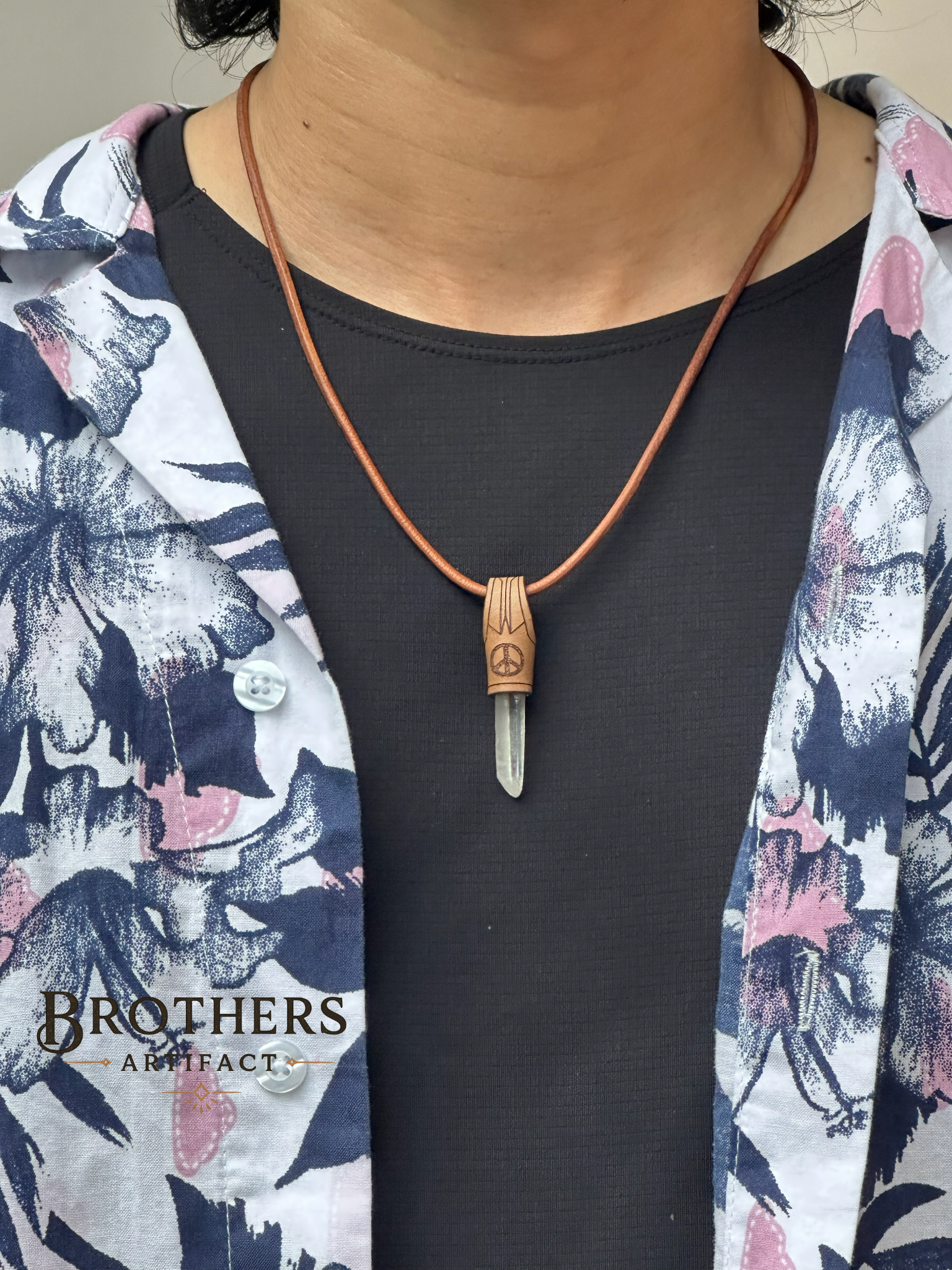 Peace Necklace, Clear Quartz Crystal Pendant, Healing Jewelry, Boho Leather Necklace