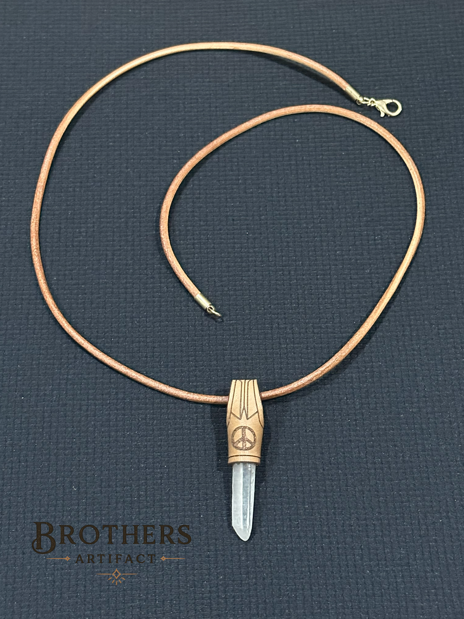Peace Necklace, Clear Quartz Crystal Pendant, Healing Jewelry, Boho Leather Necklace